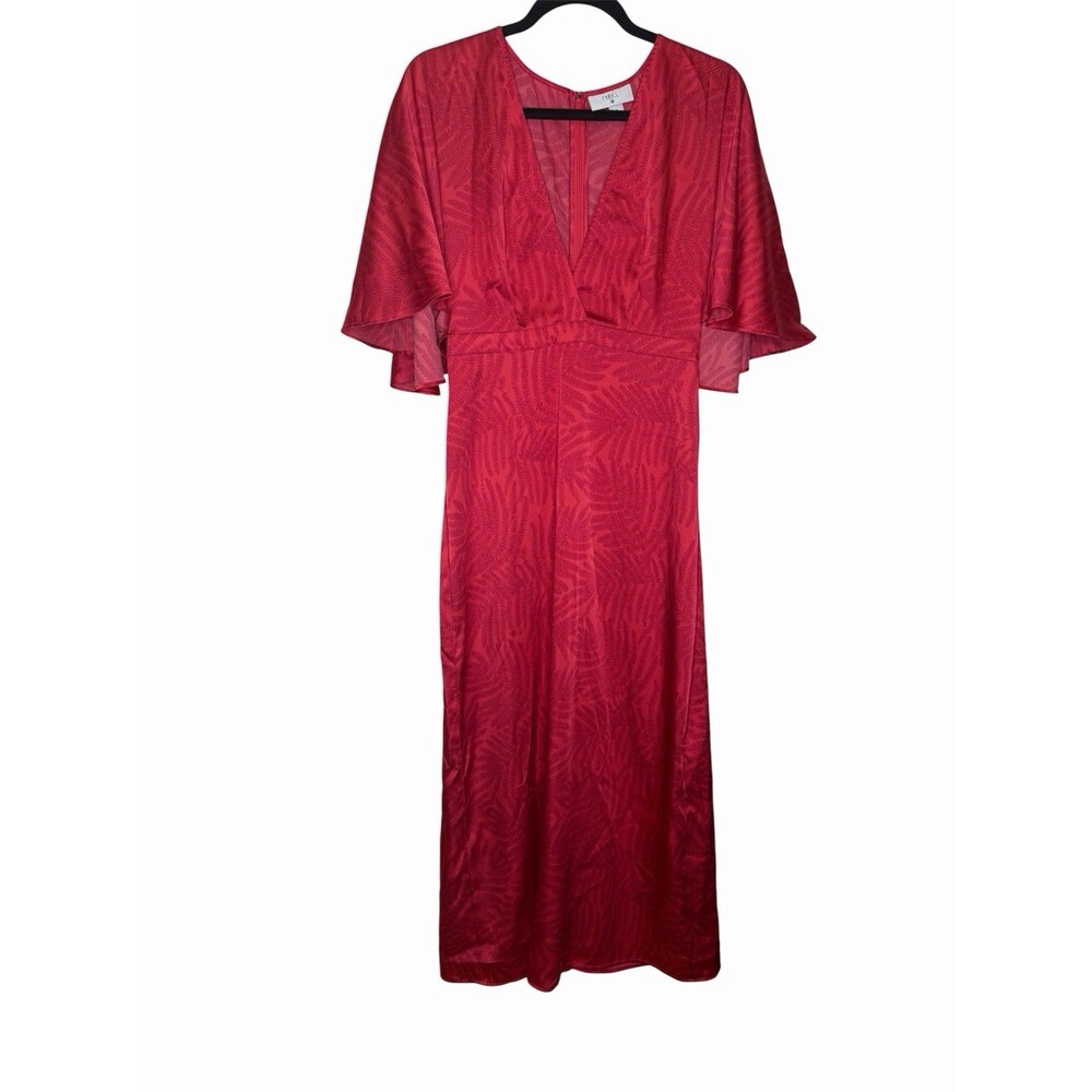 Fe Noel X Target Red Satin Maxi Dress Sz 6 Palm Leaf Print Flutter Sleeve Beachy